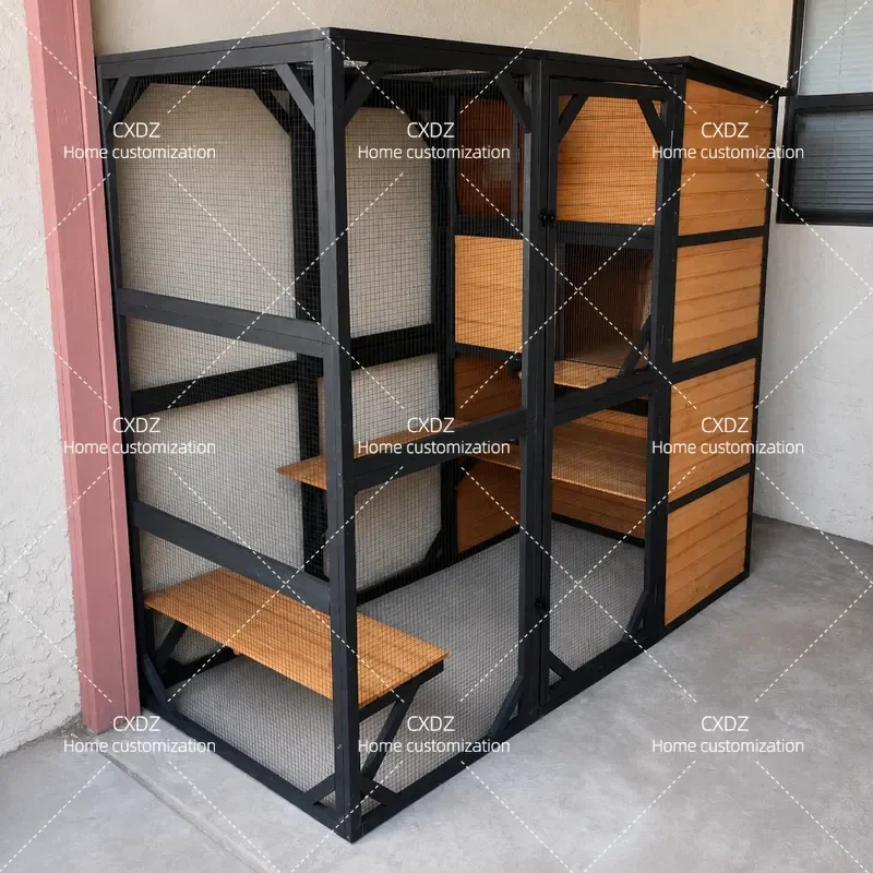 Outdoor Solid Wood Cat Cage with Wheels Movable Cat Villa Climbing Frame Rainproof Sunproof Insulated Large Cat House