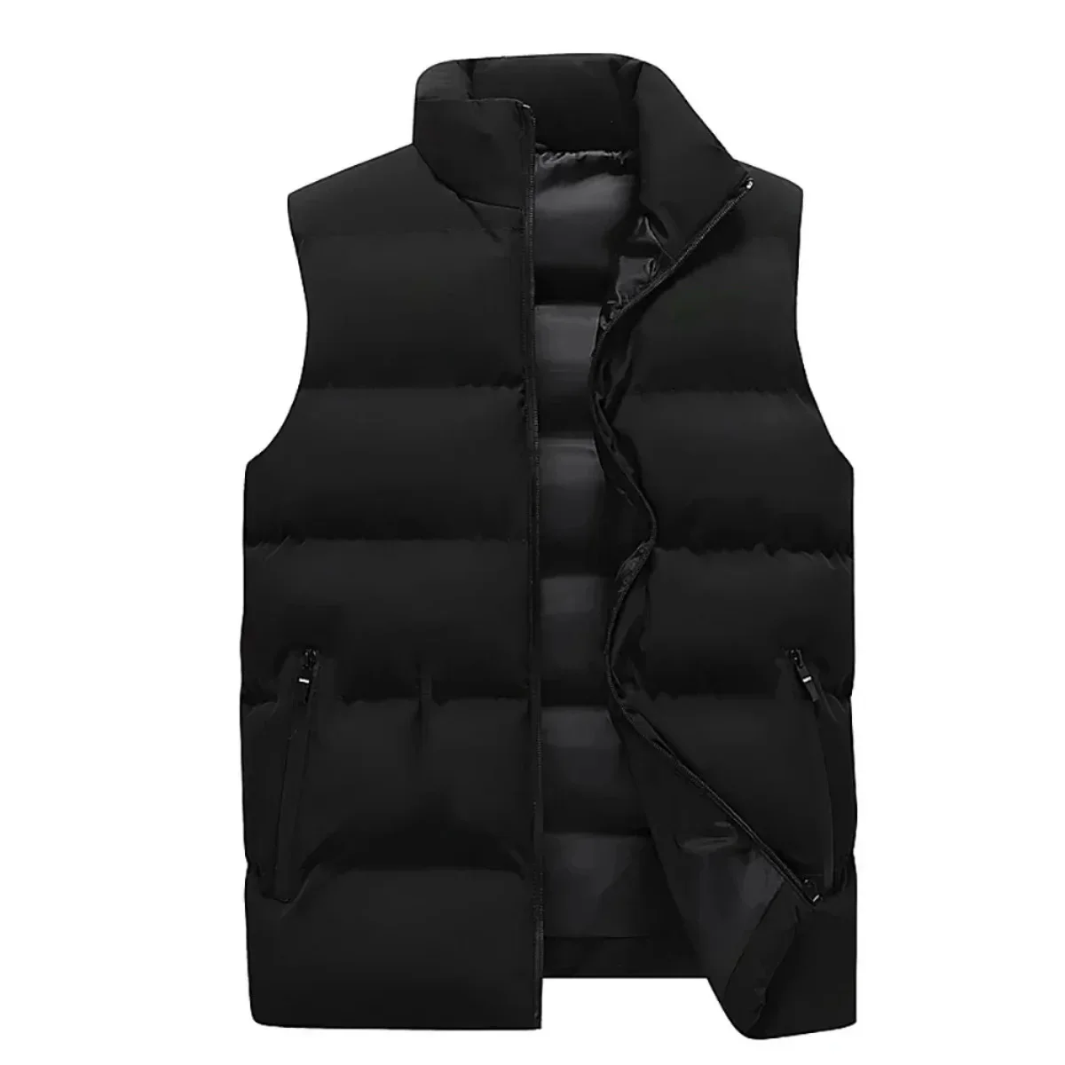 Men's Black Puffer Vest Stand Collar Sleeveless Winter Warm Outdoor Gilet
