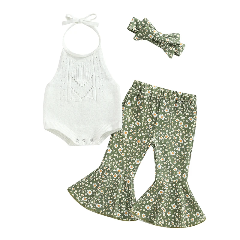 

3Pcs Toddler Baby Girl Summer Clothing Outfits Halter Knit Romper + Floral Flare Pants + Headband Set Infant Clothes