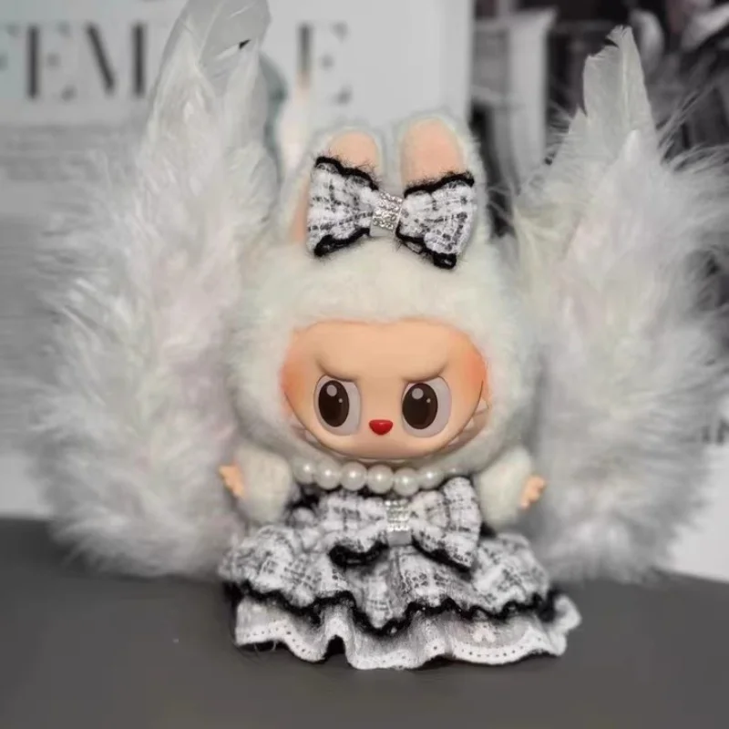 Labubu Clothes Set Designer Original White Dress Pearl Petal Headband Silk Ribbon Doll Accessories Wedding Dress Labubu Clothes