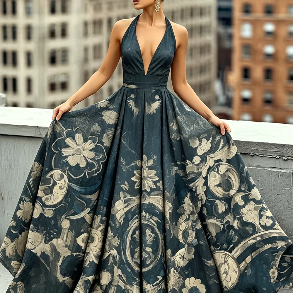 

Women's Fashion Vintage Floral Print Halter V Neck Maxi Dress Sleeveless Waist Flared Hem Summer Elegant Casual Long Dress