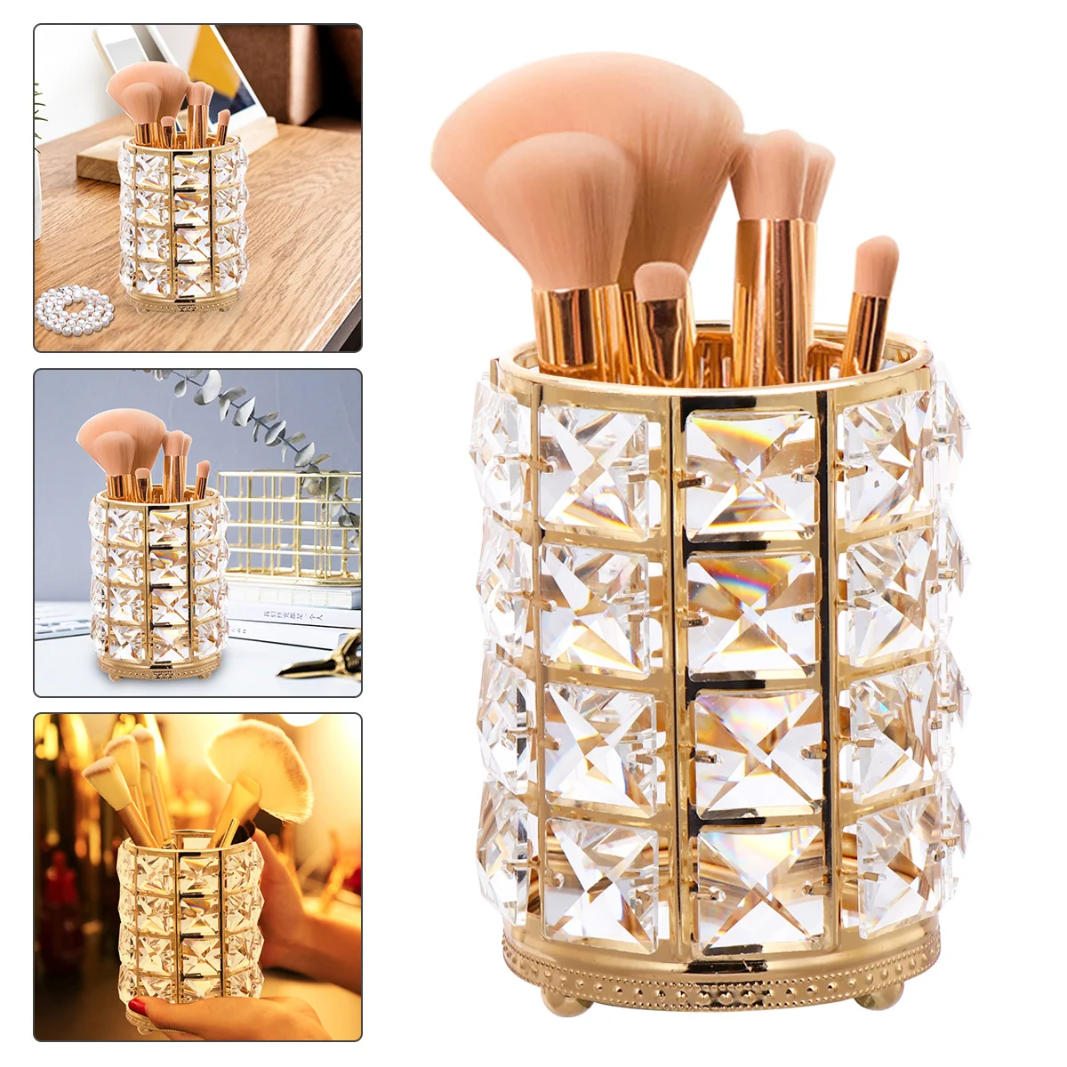 حامل كبير بتصميم مجوف ذهبي لفرش المكياج وأدوات التجميل وحاوية تخزين منظم للديكور