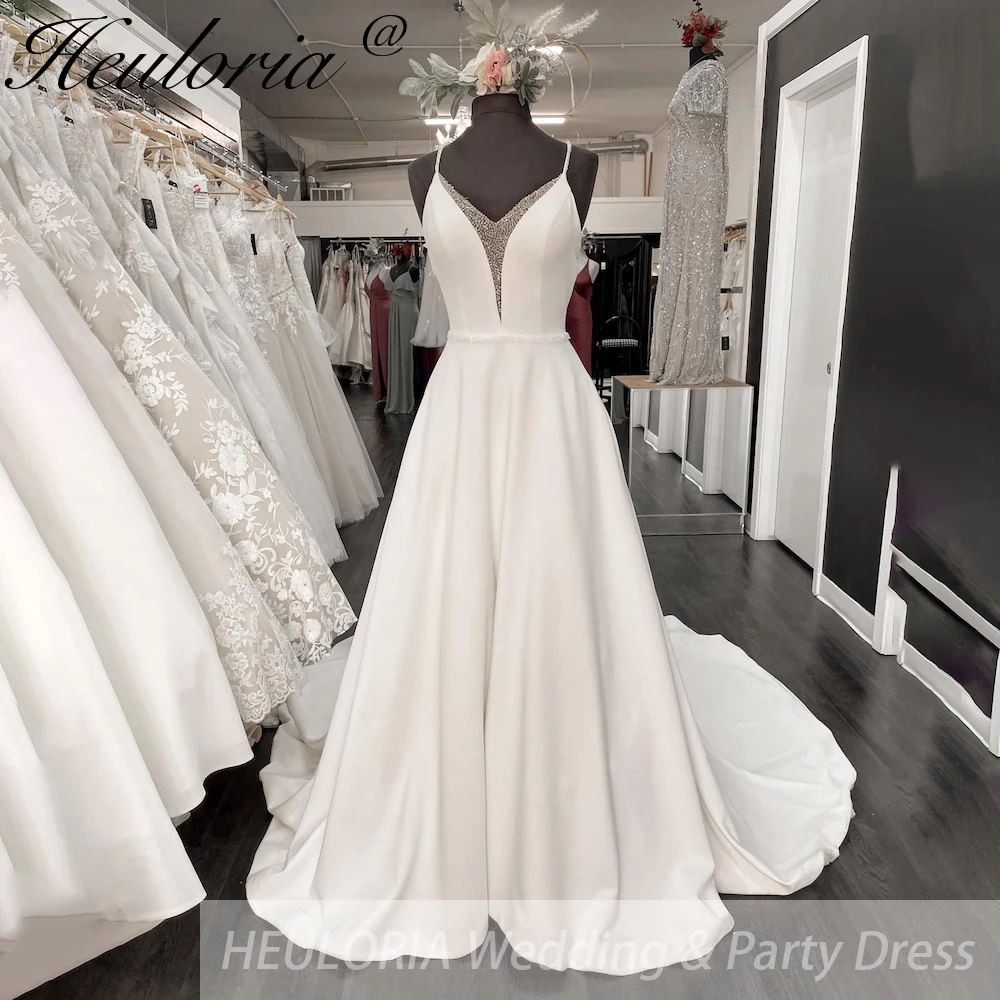 

HEULORIA elegant A line wedding dress Spaghetti Strap crepe satin bridal dress Robe De Mariee Wedding Bride Dress