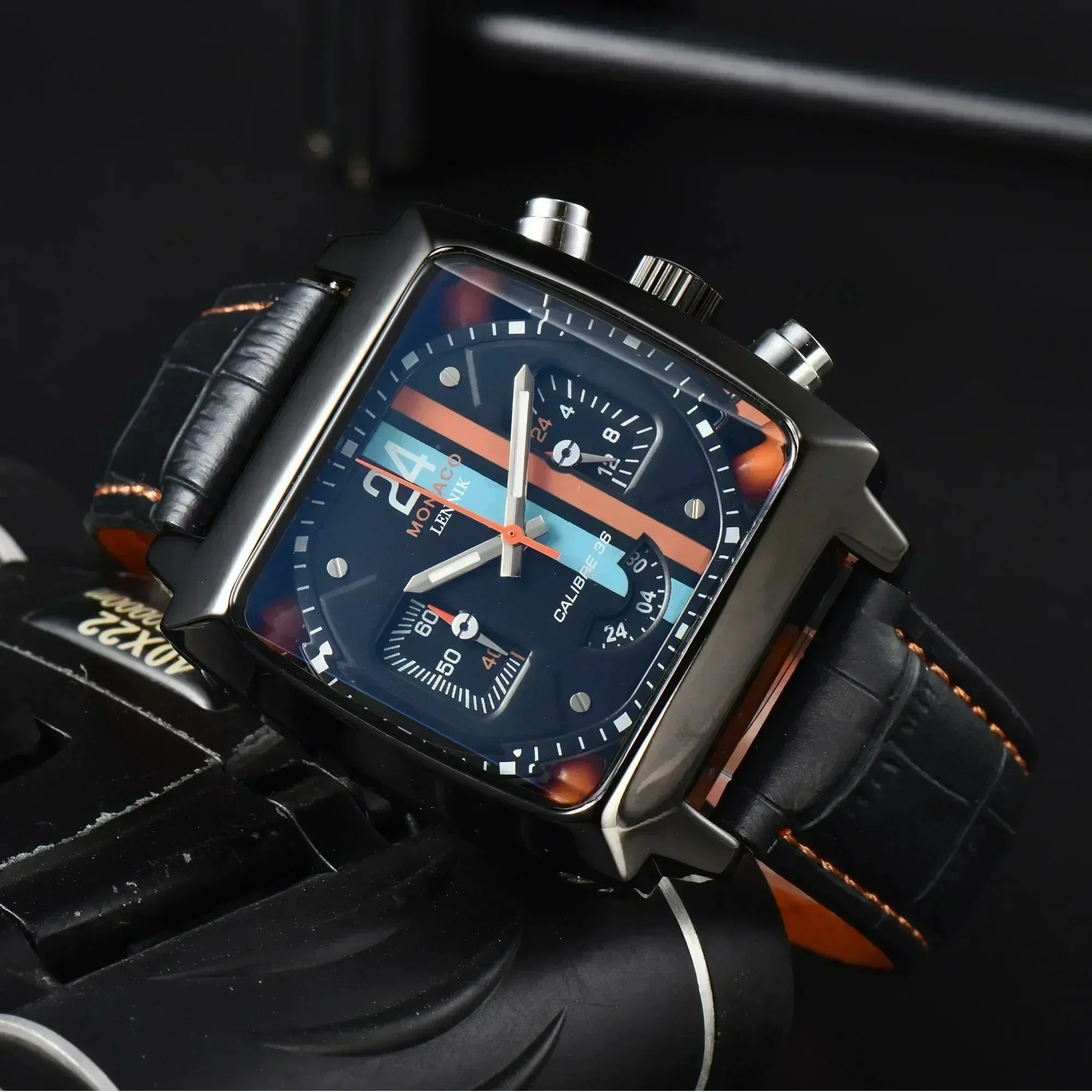 Original Brand Fashion Watches For Men Luxury Monaco Design Square Case Leather Strap Hollow Back AAA Male Clocks Free Shipping