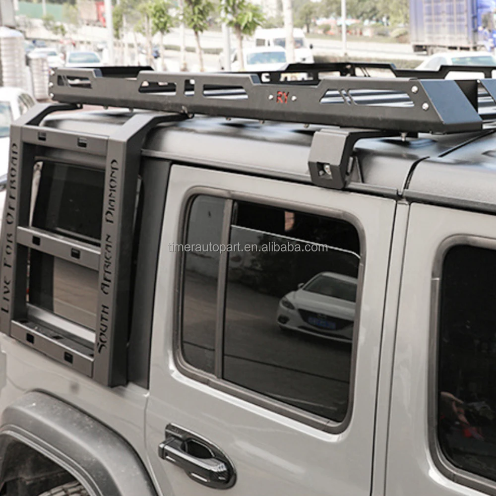 

Oem Steel 4Wd Offroad Led Lights Top Mounting Basket Cargo Carrier Tray Roof Rack for Suv With 2 Ladders for Wrangle Jl