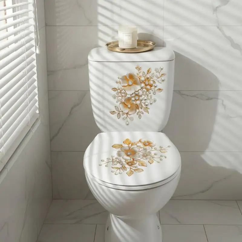 Floral Toilet Lid Sticker Waterproof Bubble Free Peel & Stick Wall Decal for Bathroom Home Renovation Gift