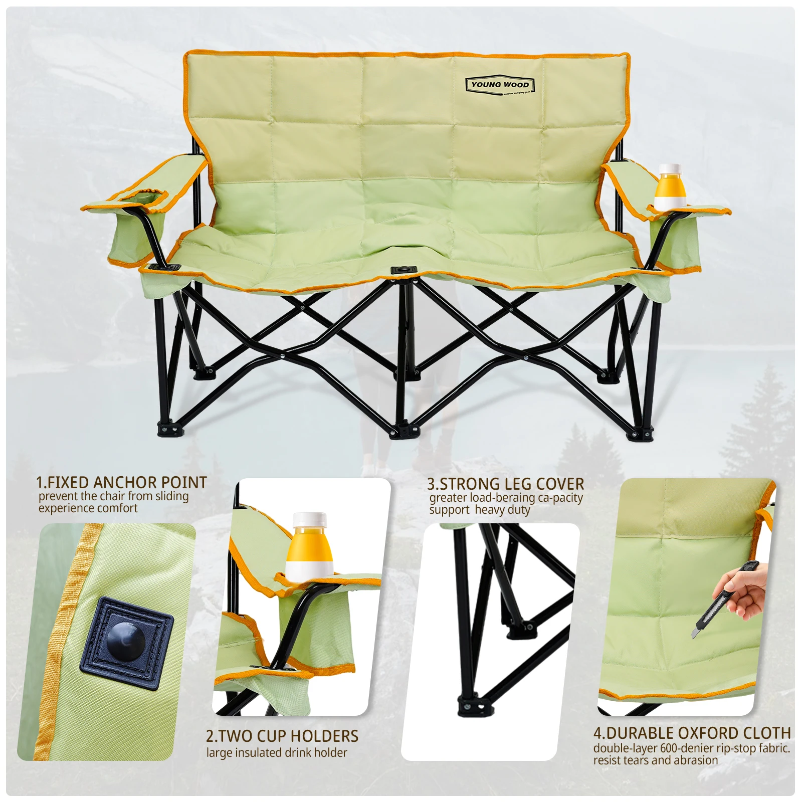 

Double camping chair with lightweight folding design, unfolded in one second, thickened Oxford cloth seat surface, anti slip
