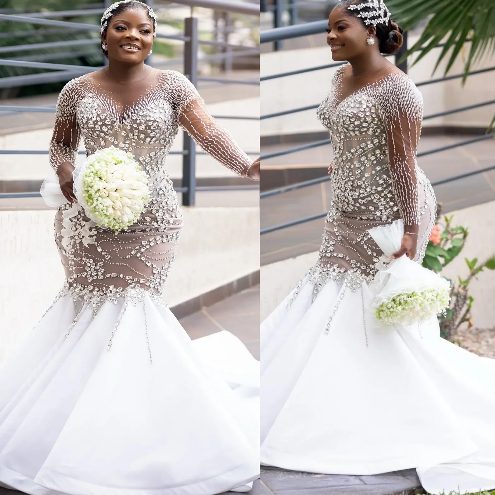 Customized Sheer Neck Heavy Sparkly Crystals Beads Wedding Dress Vestido De Noiva  Long Sleeves Plus Size Mermaid  Bridal Gowns