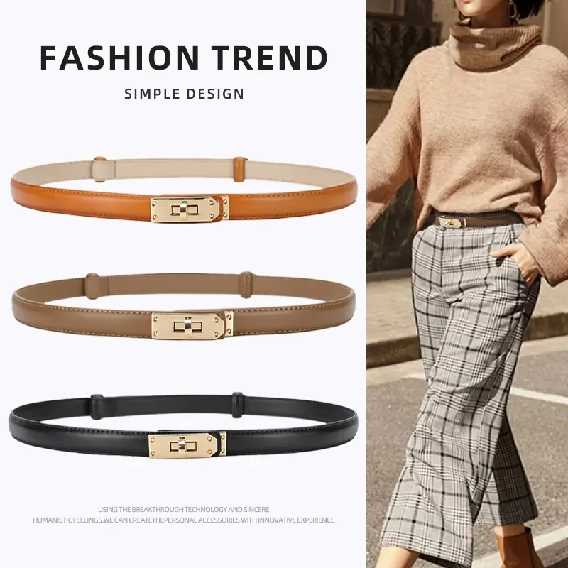 

Adjustable Thin Belts For Women Skinny Belts For Dresses Womans Genuine Leather Alloy Turn Lock Belts For Jeans