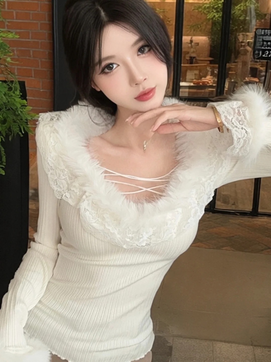 

Slimming Floral Lace Trim Plaid Design Autumn Winter Women's Fashionable Innerwear Outerwear Soft Polyester Long Sleeve Top