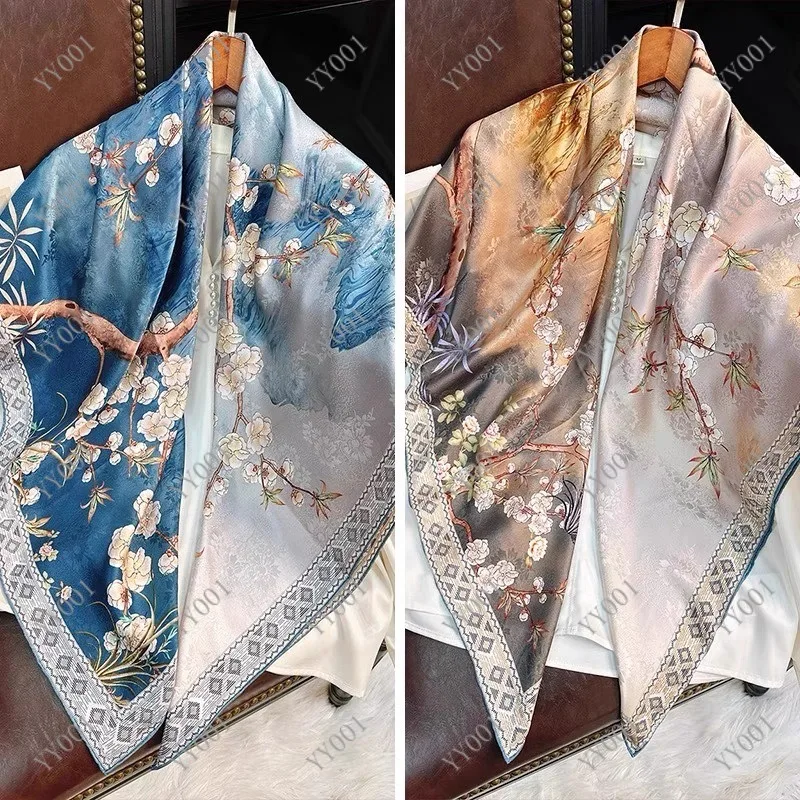 Double-sided Two-tone Plum Pattern Square Scarf Luxury Gauze Shawl Elegant Wrap for Gift