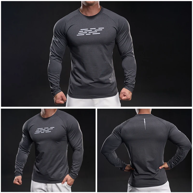 

Мужская дышащая быстросохнущая футболка с длинными рукавами для активного отдыха, однотонная, с круглым вырезом, модная, простая, спортивная.