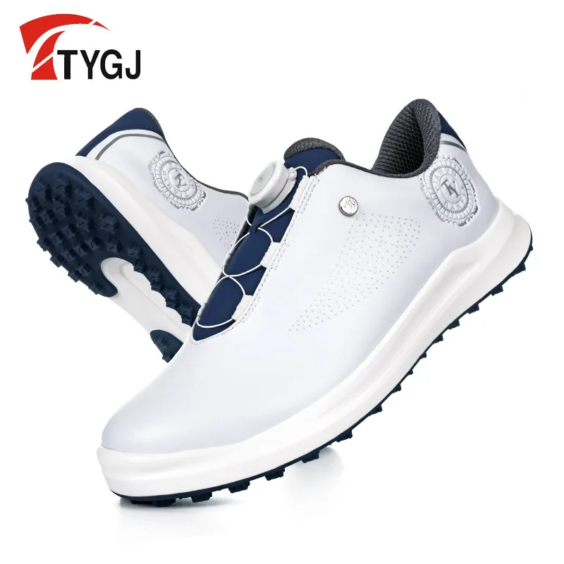

TTYGJ Men Golf Shoes Ultra Fiber Leather Rotating Buckle Slip Resistant Breathable Spikeless Casual Low Top