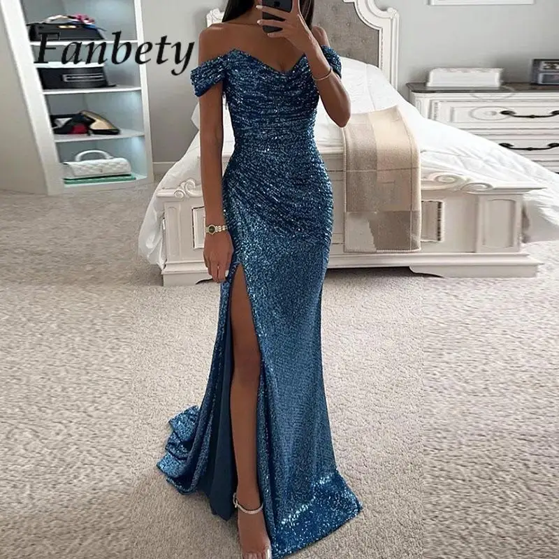 Women Elegant High Slit Cocktails Dress New Lady Party Banquet Slim Sequin Maxi Dress Sexy Slash Neck Glitter Floor-Length Dress