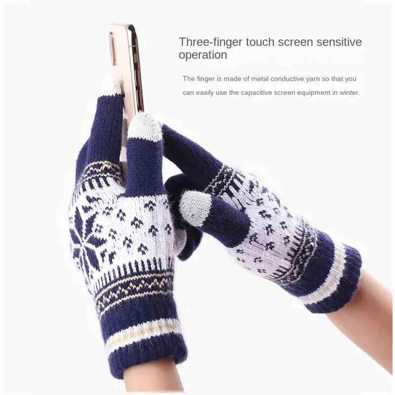 Moda inverno luvas quentes mulheres homens estiramento de malha floco de neve dedo cheio guantees unisex luvas grossas tela toque