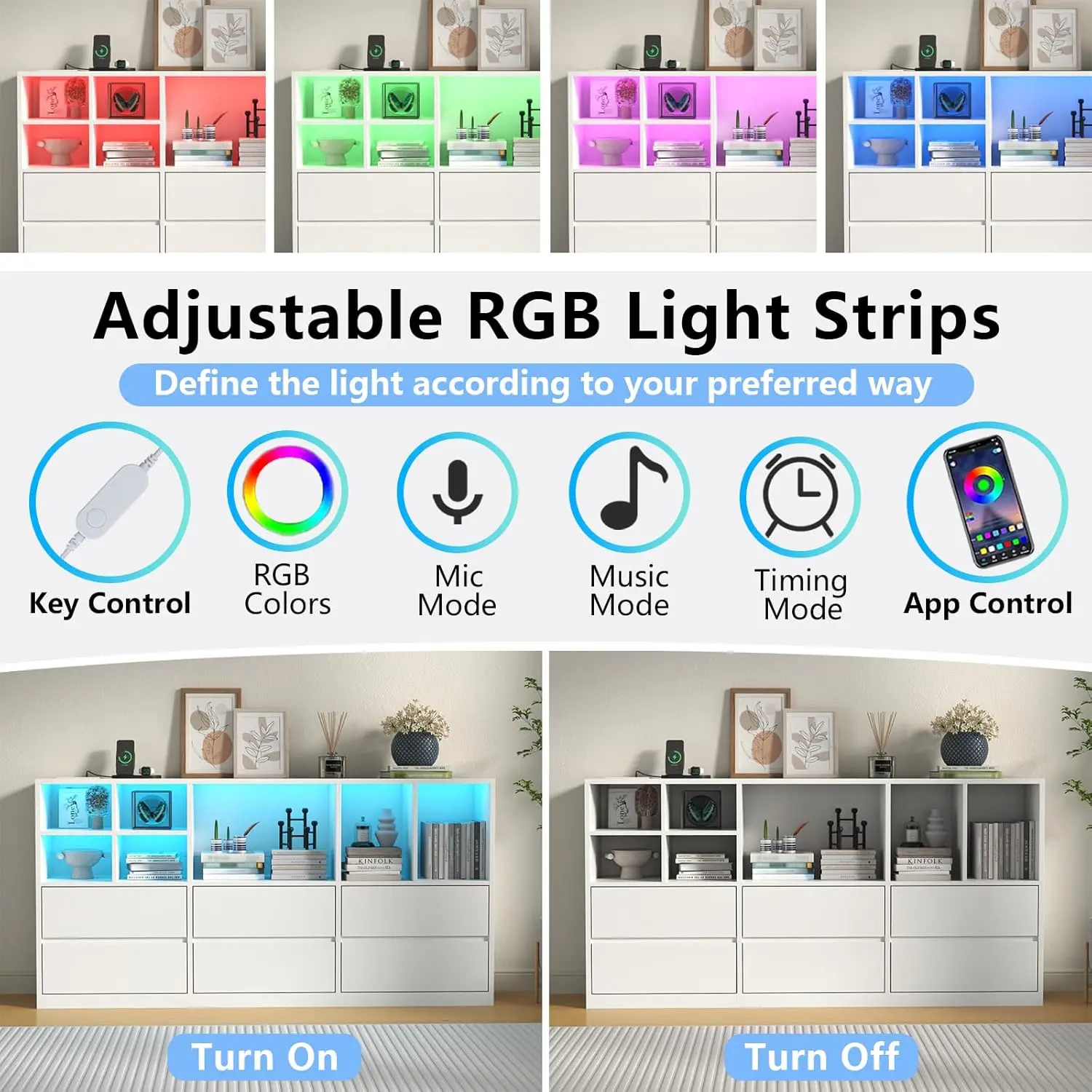 Cómoda de 6 cajones con 7 cubículos de almacenamiento, cómoda LED con toma de corriente, organizador de cómoda larga y triple de 63" para cama
