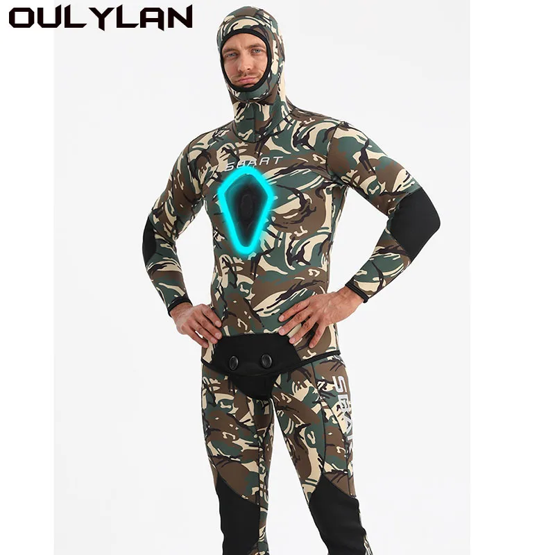 

Oulylan Hooded 2 Pieces Scuba Diving Suit For Men Keep Warm Wet Suit 5mm Neoprene Camouflage Wetsuit Long Sleeve Fission