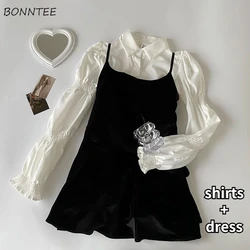 Womens Mini Dresses Two Piece Sets Design Long Sleeve White Shirts Sweet Preppy Kawaii Japanese Girlish All-match Ins Popular BF