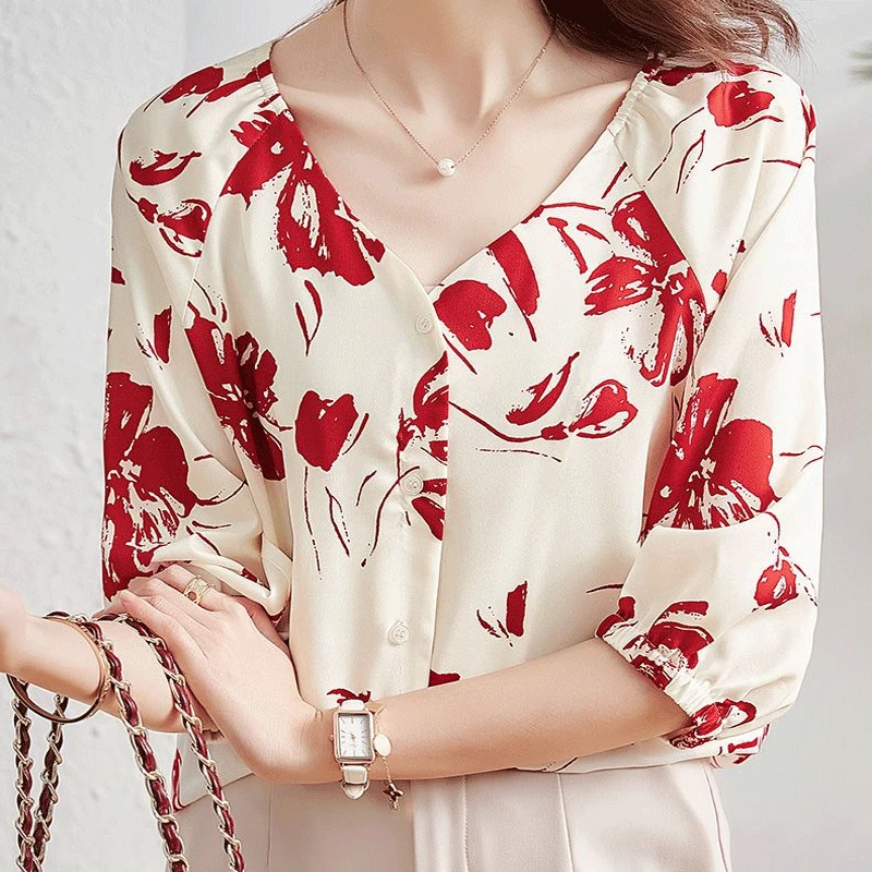 Women\'s Clothing Floral Print Elegant Business Casual Office Lady Button Up Shirt Summer V Neck 3/4 Sleeve Loose Blouse Chic Top