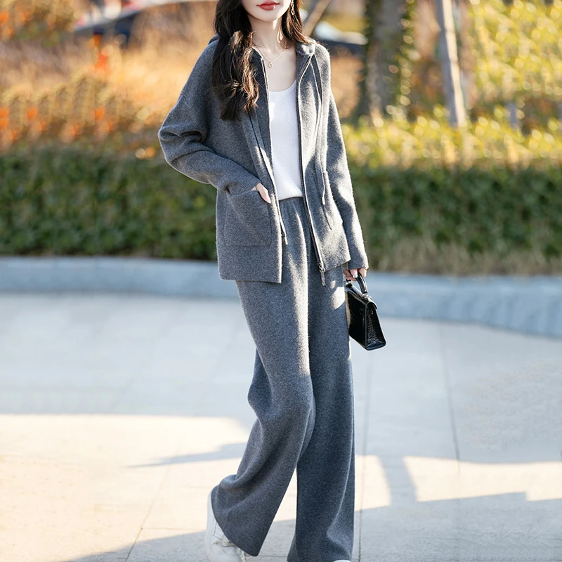 

Autumn Winter 100% Merino Wool Woolen Trousers Suit Hooded Neck Sweater Cashmere Basic Long Sleeve Soft Fashion Clothes