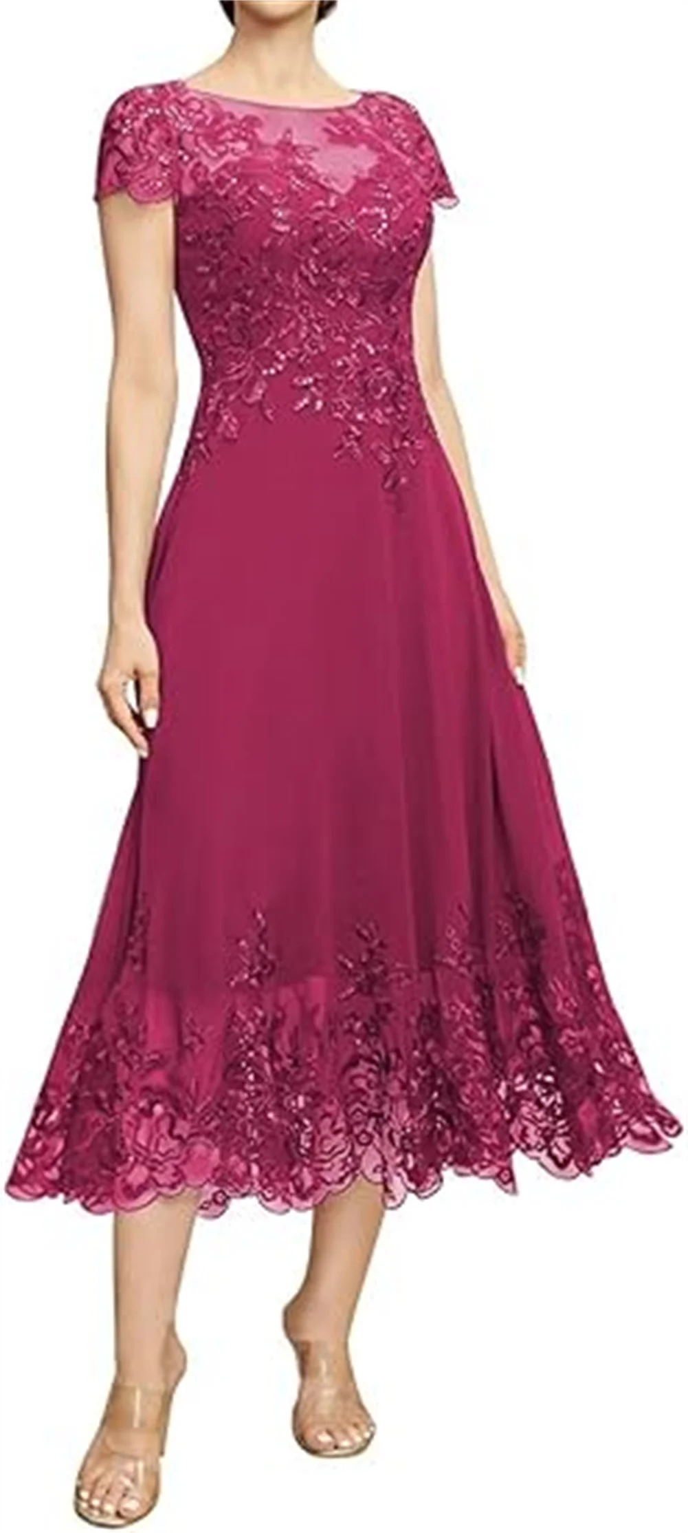 تخصيص ألف خط المرأة فساتين أم العروس طول الشاي لحفل الزفاف الشيفون الأربطة يزين فستان الجدة قصيرة الأكمام #5