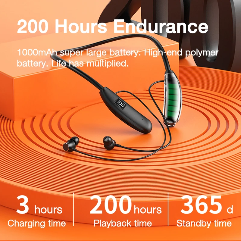 EARDECO 200 Hours Playback Wireless Headphones Bass Sport Hifi Bluetooth Headphone with Mic Earphone Neckband Waterproof Headset