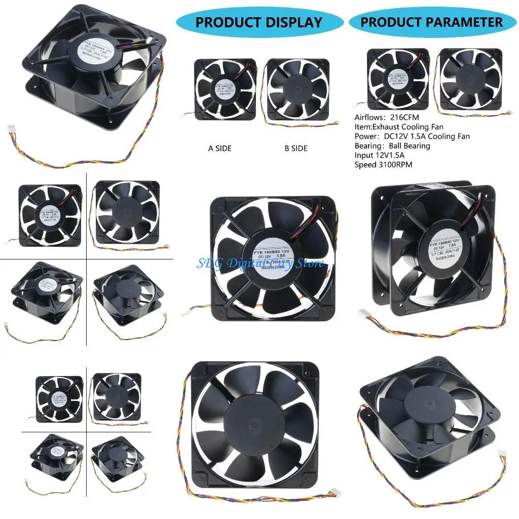 

U75B 15050 Вытяжной вентилятор с большим потоком воздуха, 12 В постоянного тока, охлаждающий вентилятор 15 см, 12 В постоянного