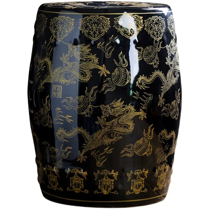 Chinese Artistic Style Round Pier Embroidered Antique Drum Stool Home Decor Black Gold Dragon Pattern Ceramic Stool Modern