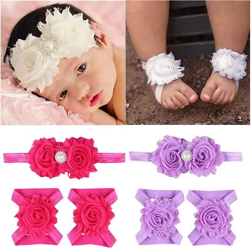 Fashion Newborn Infant Baby Girl Boy Soft Shabby Chiffon Flower Headbands with Sneaker Barefoot Sandals Sets Kids Photo Props