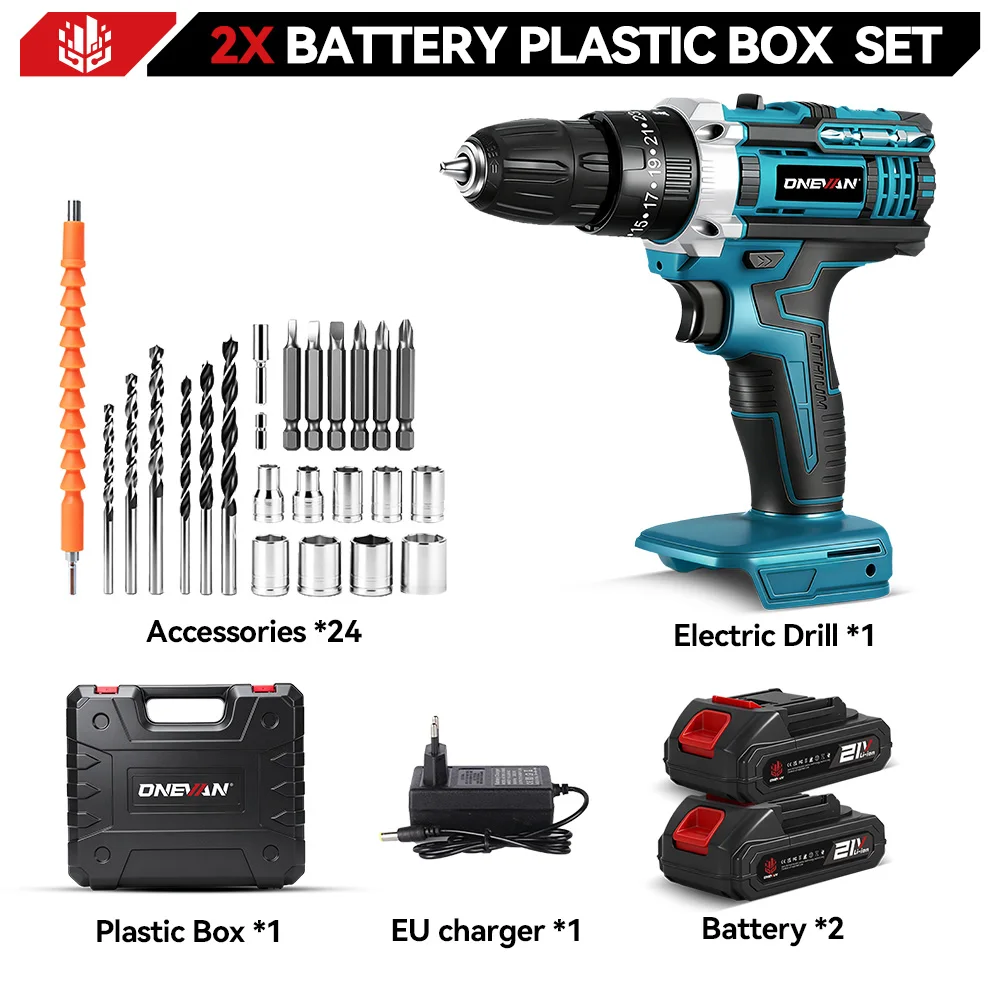 ONEVAN Elektrischer Schlagbohrer 25+3 Drehmomentstufen Blau/Rot Multifunktionaler Akku-Bohrhammer Elektrowerkzeug für Makita 18V Akku