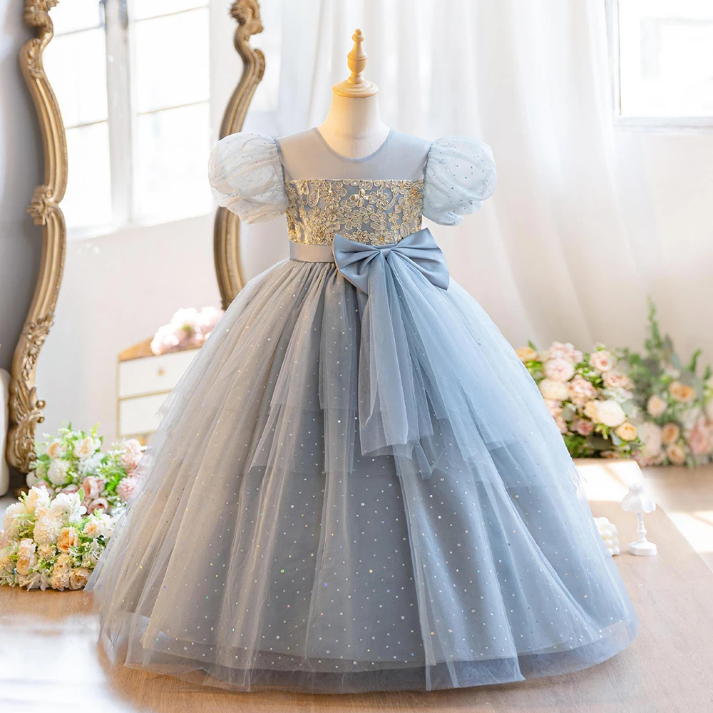HETISO Girls Embroidered Dress for Graduation Ceremony Banquet Wedding Party Christmas Prom Flower Performance Child Gown