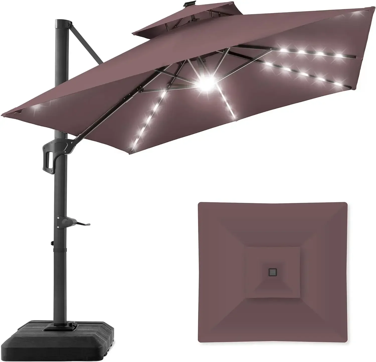 

10x10ft 2-Tier Square Cantilever Patio Umbrella with Solar LED Lights, w/Included Fillable Base, 360 Rotation