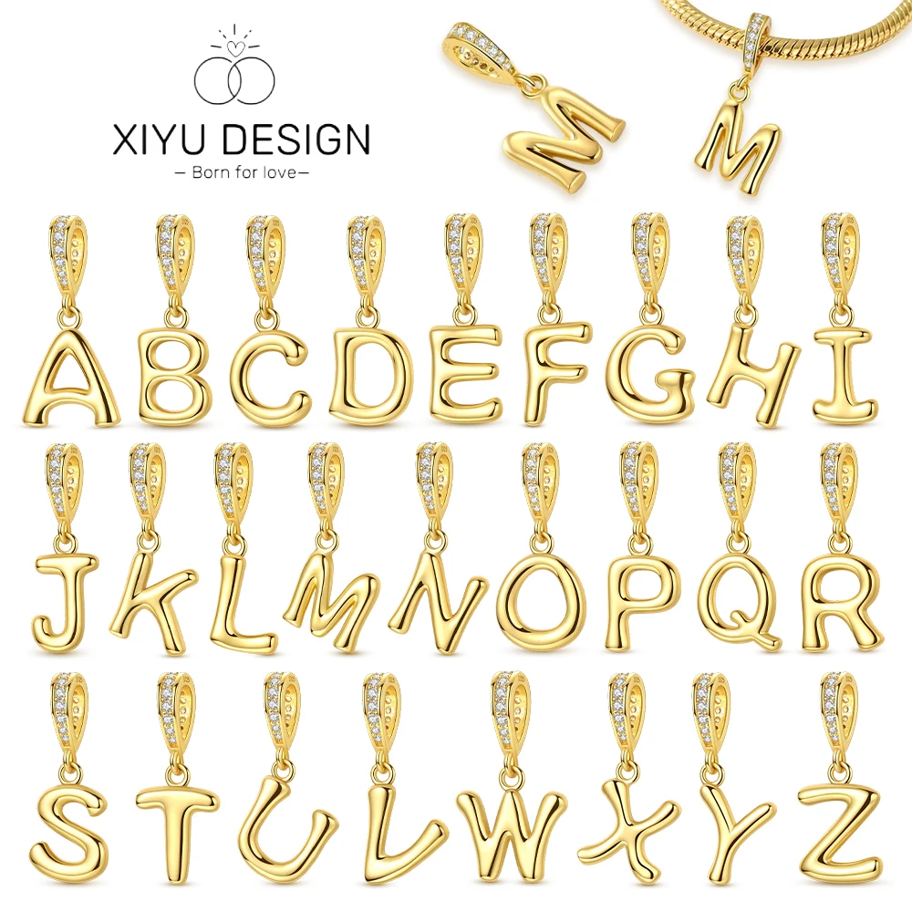 

925 Sterling Silver Golden Letters Charms Bead CZ Zircon DIY A-Z Alphabet Pendant Fit Original Bracelet DIY Jewelry Gift