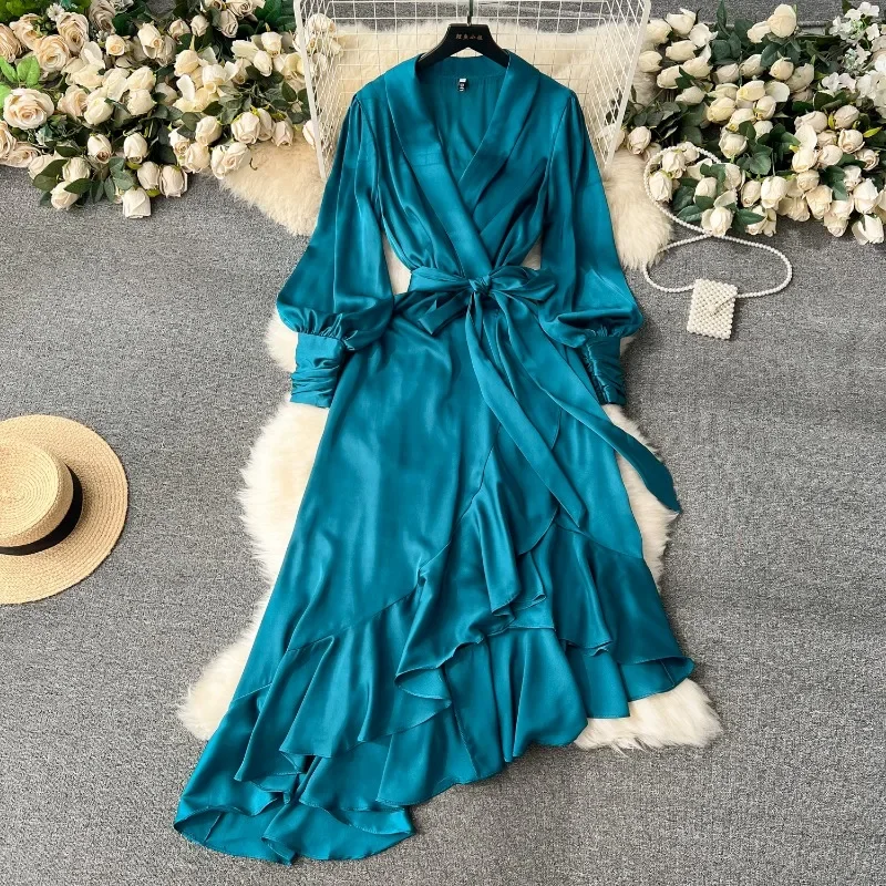 OCEANLOVE abiti lunghi irregolari Solid Office Lady Ruffles elegante primavera autunno abiti Mujer Fashion Simple Women Dress