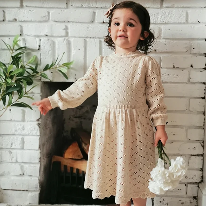 Winter Baby Girls Lovely Princess Dress Autumn Kids Kniting Dress Children\'s Hollow-out Long-Sleeved Dress Knitted Woolen Dress