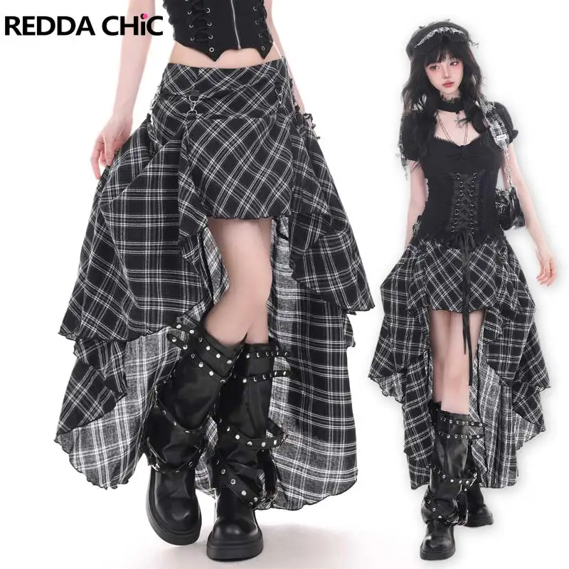 REDDACHiC Tartan Retro Black Pirate Skirt Women Punk Multi-way High-Low Low Waist Long Bustle Skirt Grunge Alternative Clothes
