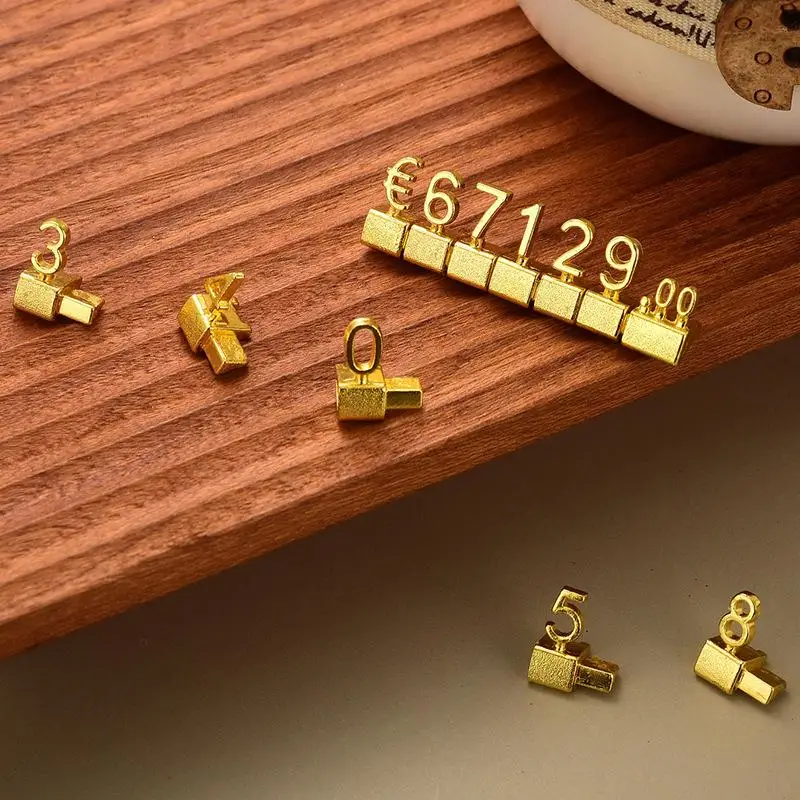 Goldene 3D-Kombinations-Preisschilder 12 Stück/Set - Verstellbare Zahlenwürfel mit Dollar- & Euro-Symbol für Schmuckgeschäft-Displays – Detail 5