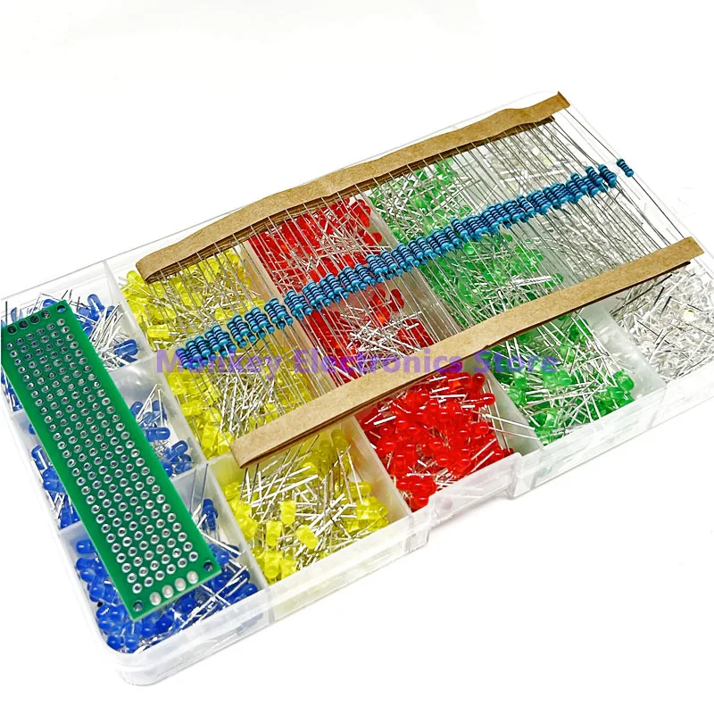 3MM LED light diode F3 component red green yellow white blue 200PCS each 0.25W 220R resistor 100PCS PCB board 2x8 1PCS in box