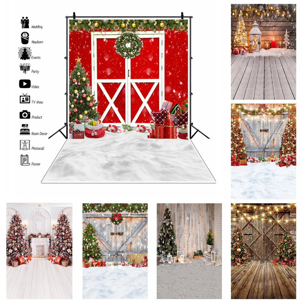 Christmas Decorations Background Photography Wooden Door Tree Family Portrait Decor Photograpic Backdrops Photoshoot Accessories