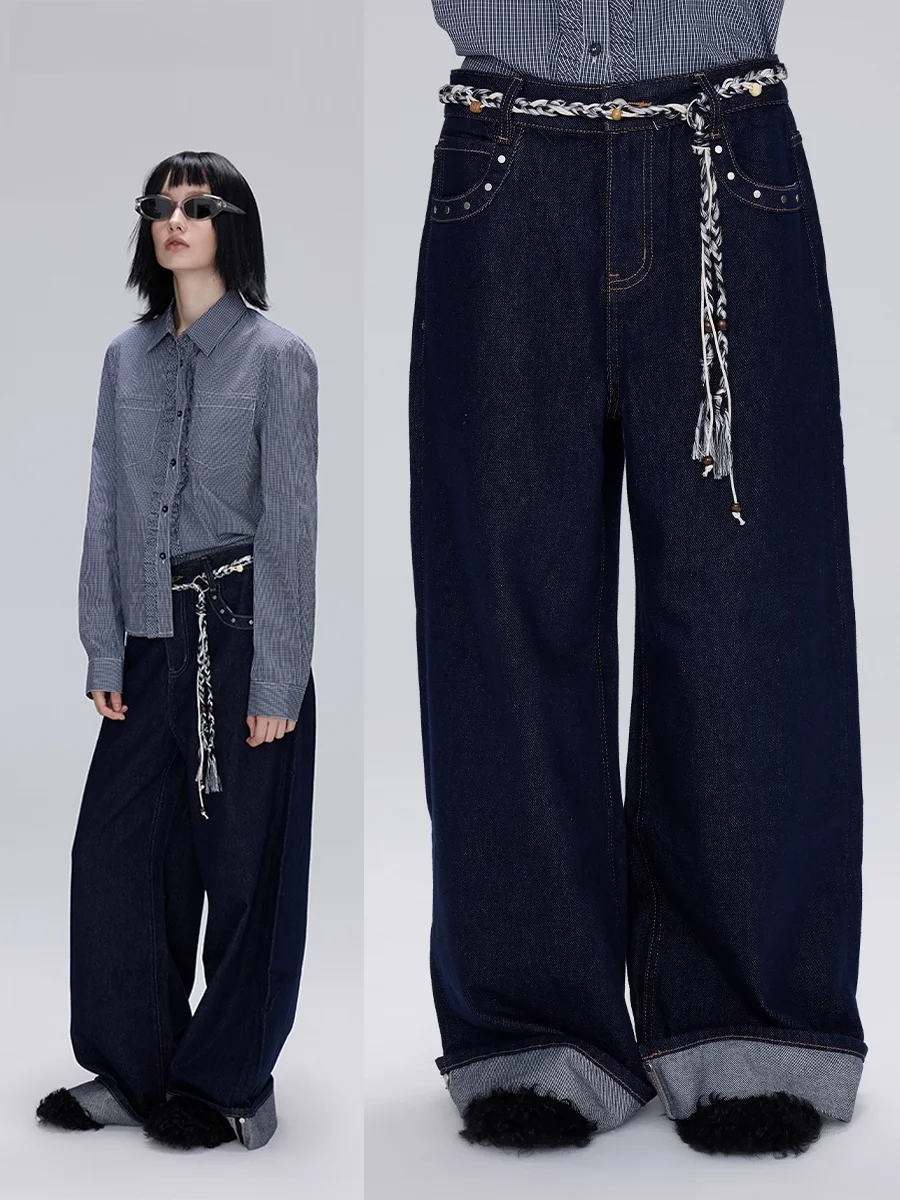 

Темно-синие широкие джинсы прямого кроя Женские джинсовые брюки с высокой талией в стиле ретро Осенние повседневные свободные брюки без эластичного хлопка