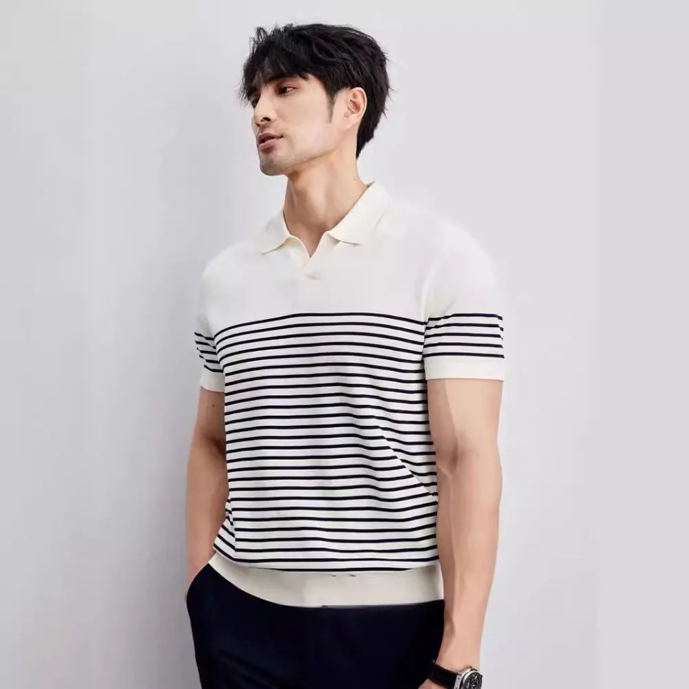 

Men's polo Shirt V-neck 100% Pure Cotton Summer Loose Striped Shirt Casual Slim Fit Round Neck Short Sleeved T-shirt Top