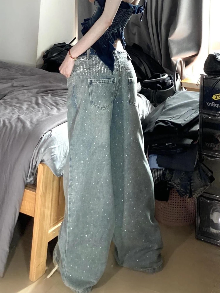 HOUZHOU Vintage Rhinestone Jeans Women Y2k Baggy Kpop Gyaru Blue Denim Pants Korean Fashion High Waist Streetwear Wide Leg Jeans