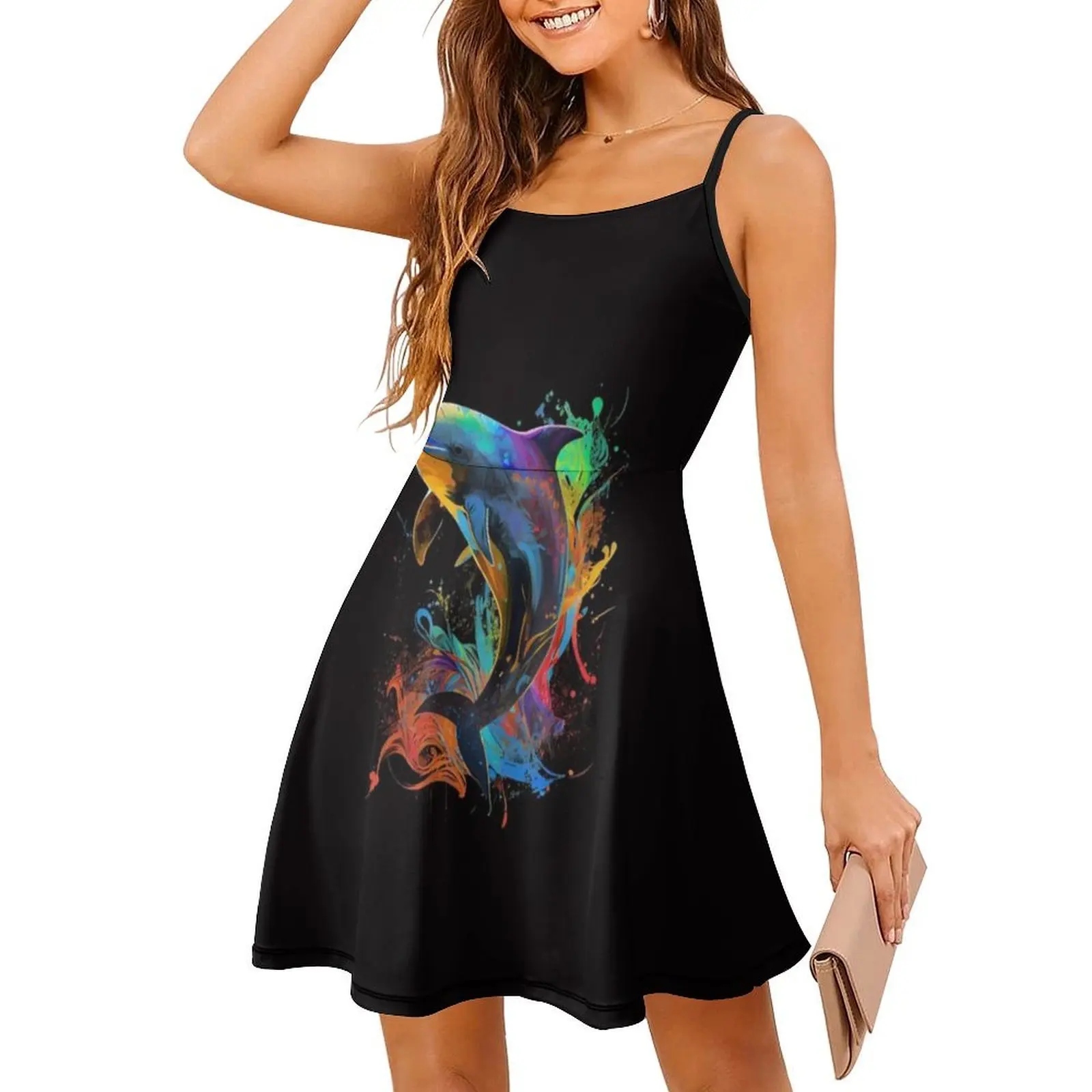 دولفين فن البوب تصميم ملون دولفين عاشق تصميم البوهيمي بلا أكمام فستان متعدد الطباعة شاطئ عطلة فستان الحفلات دولفين #3