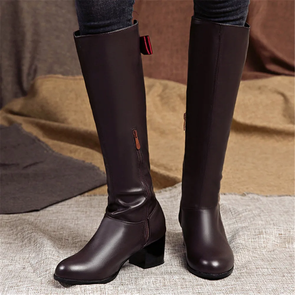 Autumn Winter Warm Over The Knee Boots Women Fashion Side Zipper High Heels Bow Ladies Soft PU Leather Long Botas Mujer Brown