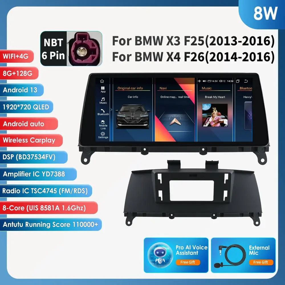 10.25'' Carplay 4G autoradio Android voor BMW X3 F25 CIC NBT voor BMW X4 F26 NBT multimediaspeler navigatie GPS 2 Din stereo DSP