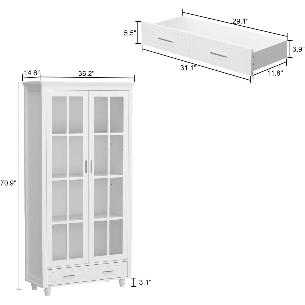 Display Cabinet with 4-Tier Shelves & Drawer Glass Display Cabinets with Wooden Legs (36.2”W X 14.6”D X 70.9”H)