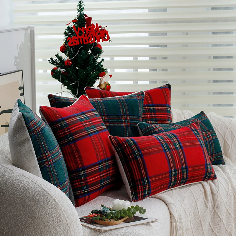 Cushion Cover Retro Red/Green Plaid-Single 45x45cm Christmas Supplies Home Decoration Pillow Cover for Indoor Sofa Pillowcase