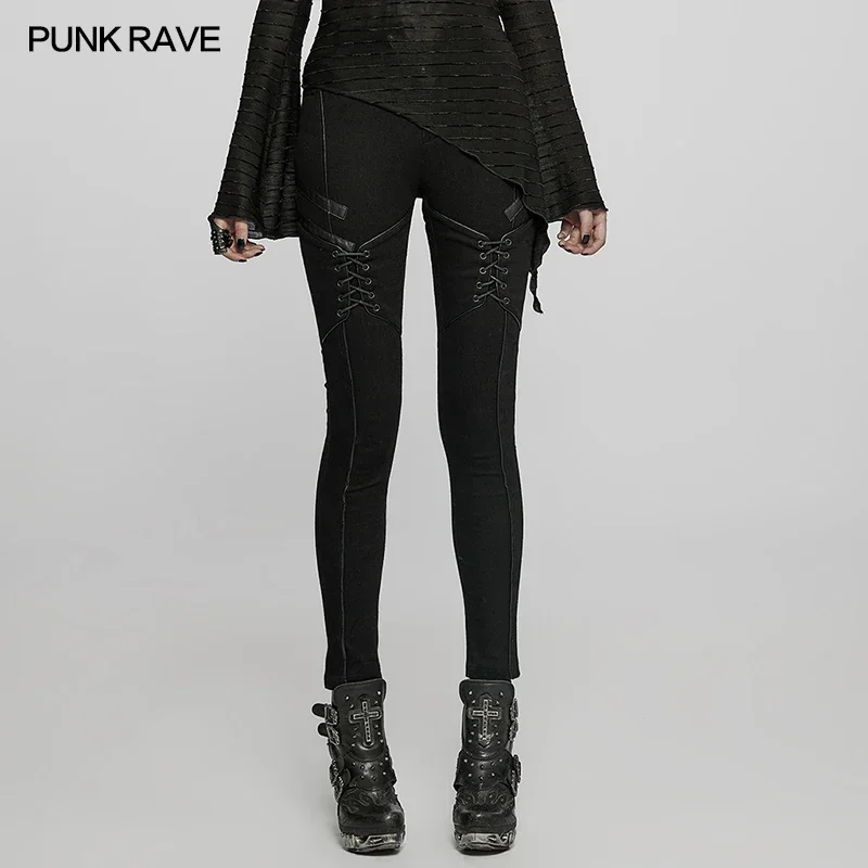 

PUNK RAVE Women's Punk Daily Tight Fit Jeans Spliced Faux Leather Personality Black Pants Women Drawstring Design