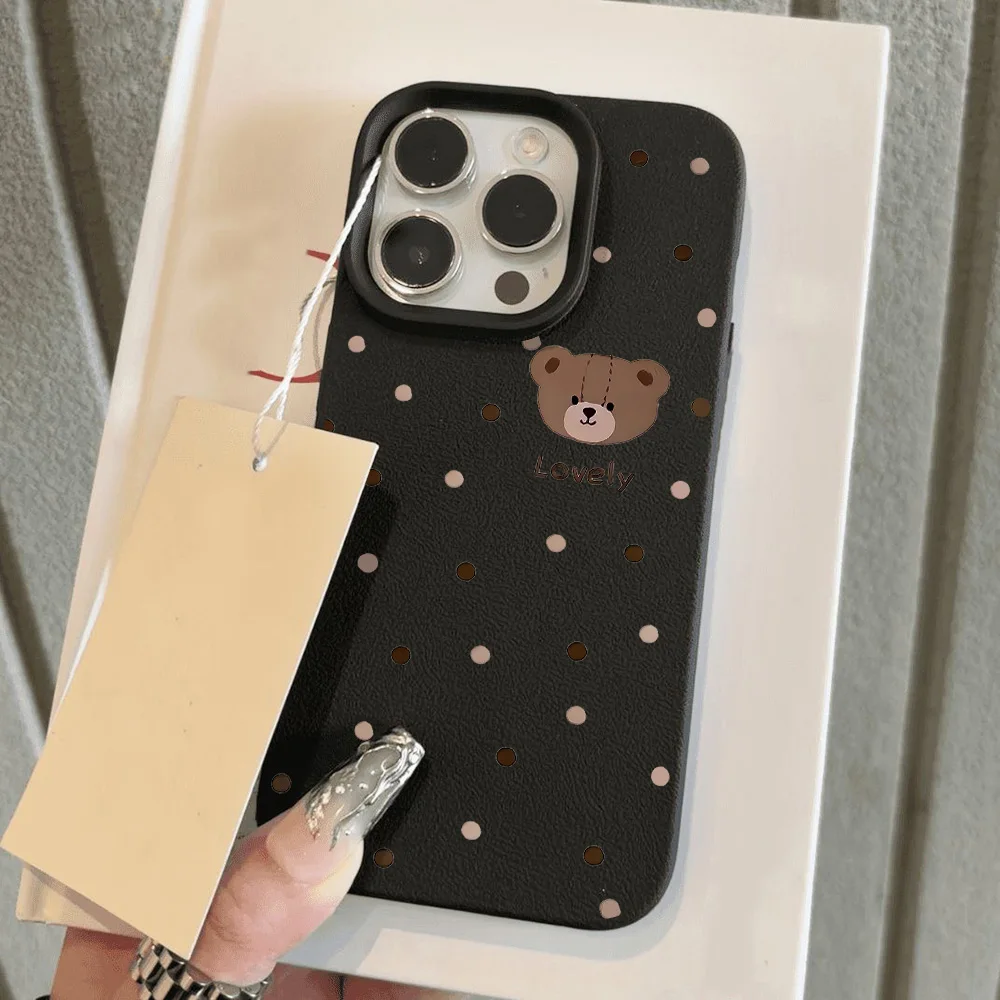 Lovely Bear Phone Case For iPhone 13 Case iPhone 16 Pro 11 12 14 15 Pro Max 16 Plus Leather Litchi Pattern Shockproof Soft Cover
