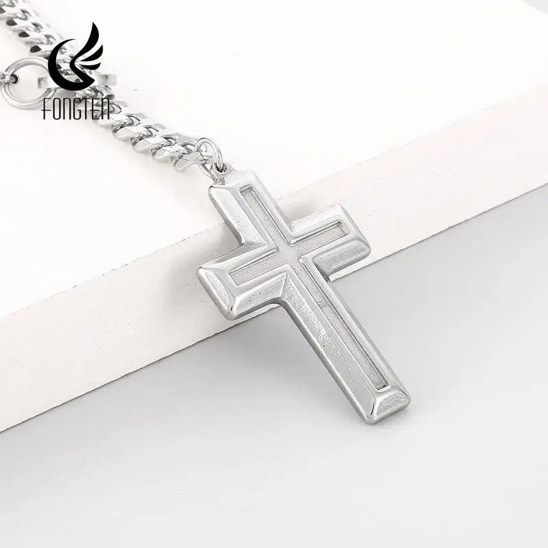 

Fongten 49cm Stainless Steel Pendant Necklace for Men Silver Color Cross Cuban Link Chain Choker Neck Hip Hop Jewelry Wholesale